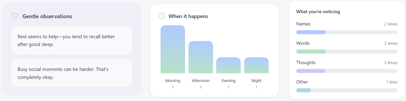 Recall and Reflect mobile app overview screens