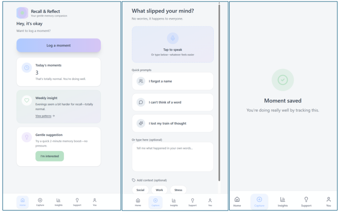 Recall and Reflect recommendations and memory exercises screens