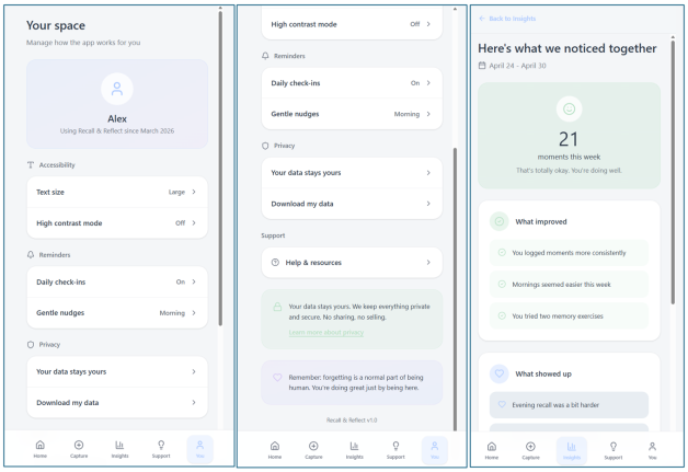 Recall and Reflect high-fidelity prototype screens