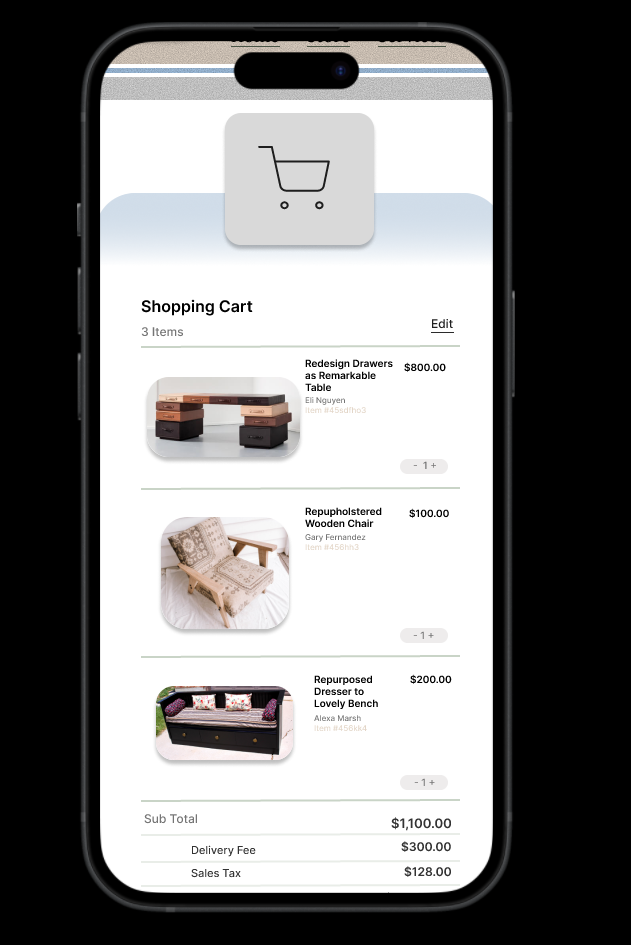 Phone mockup showing furniture flipping app problem and goals