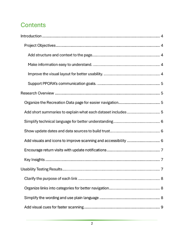 Second page of the UX recommendation report table of contents