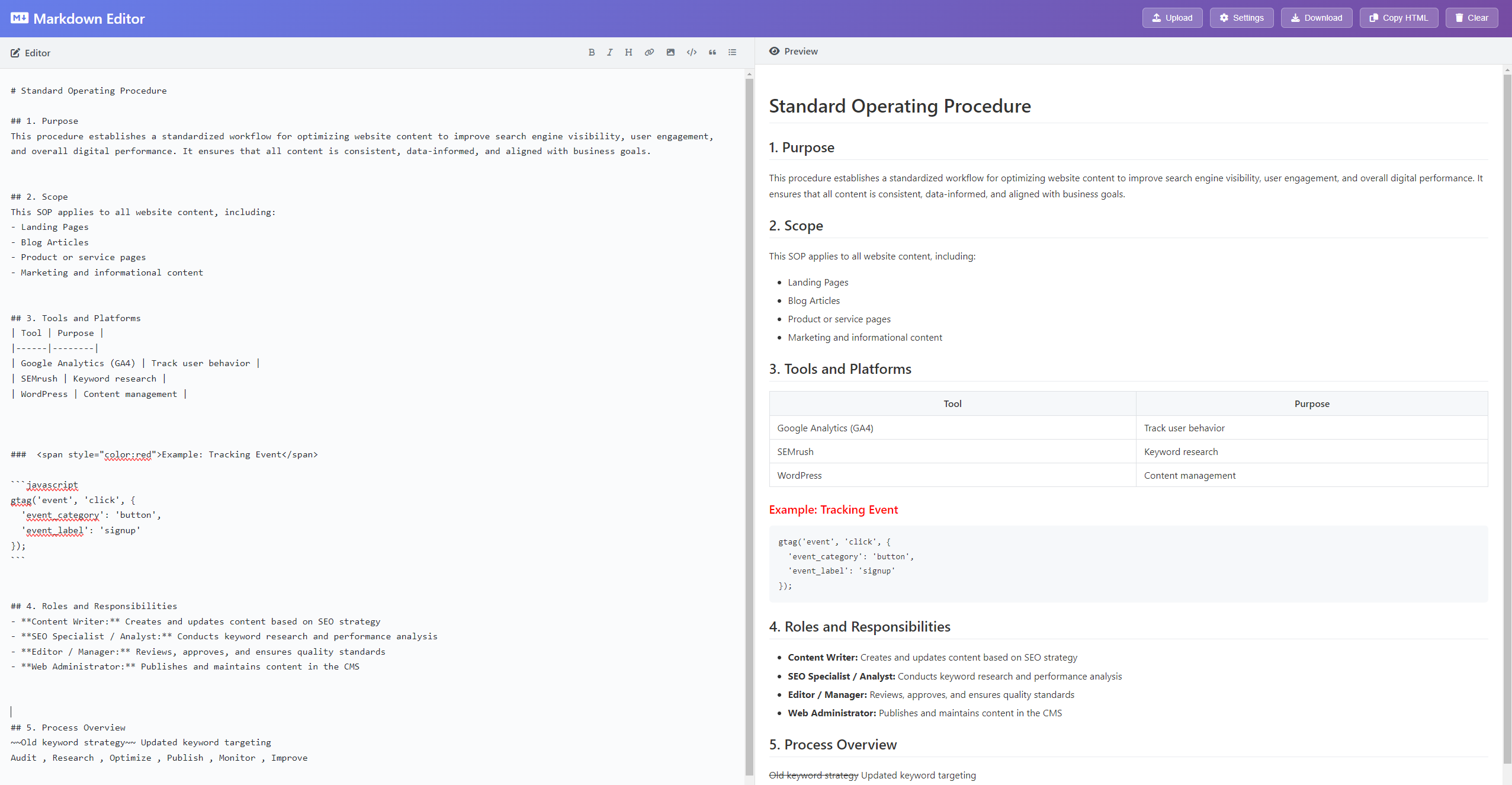 Markdown editor showing SOP documentation workflow
