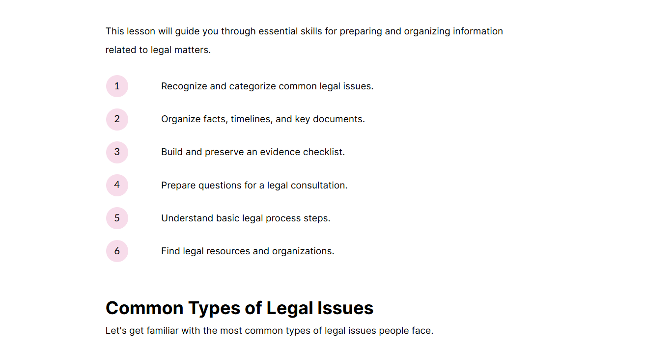 Legal preparation eLearning module overview screen
